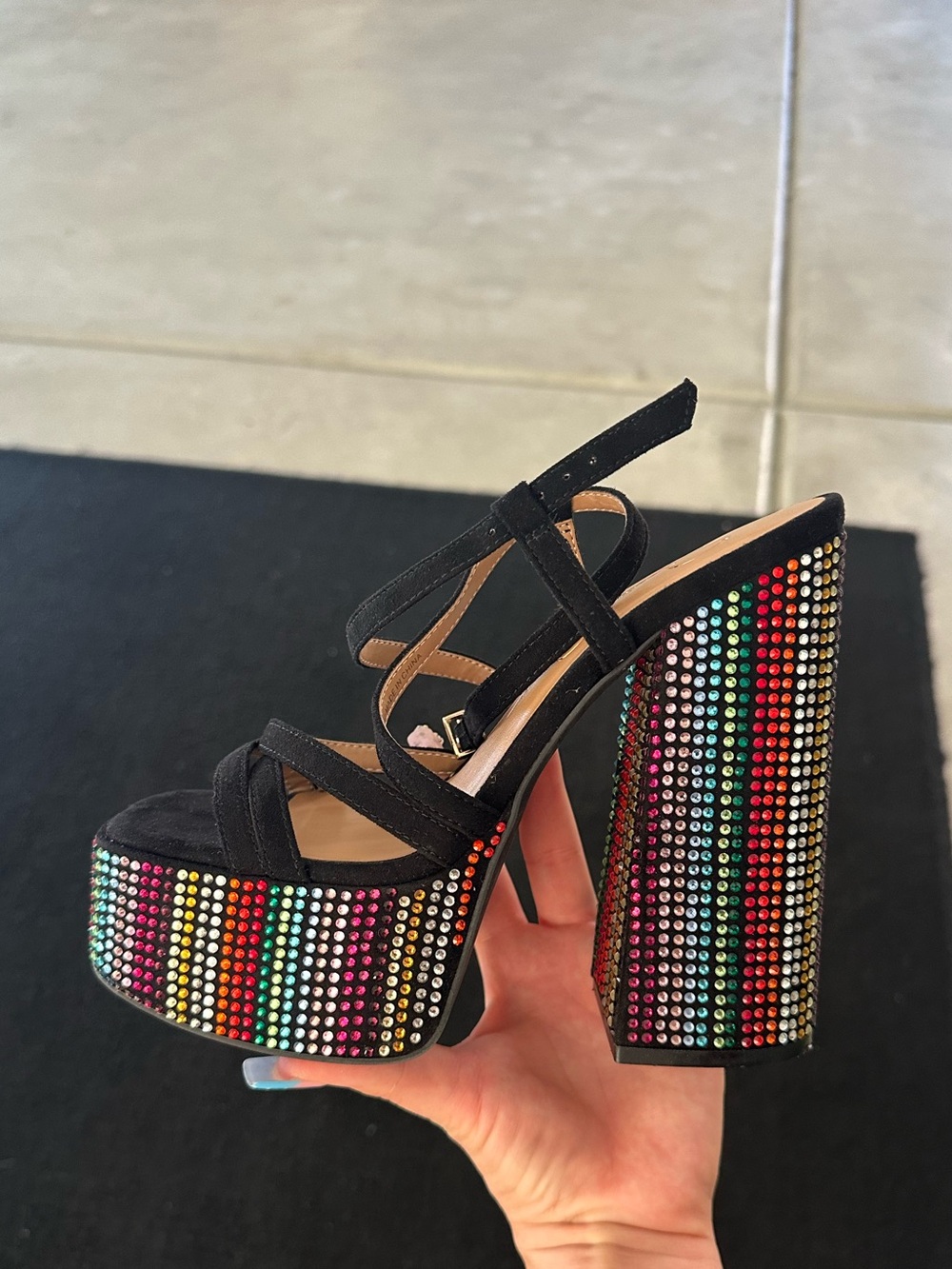 Jessica Simpson Black Platform Sandals with Multicolor Rhinestones